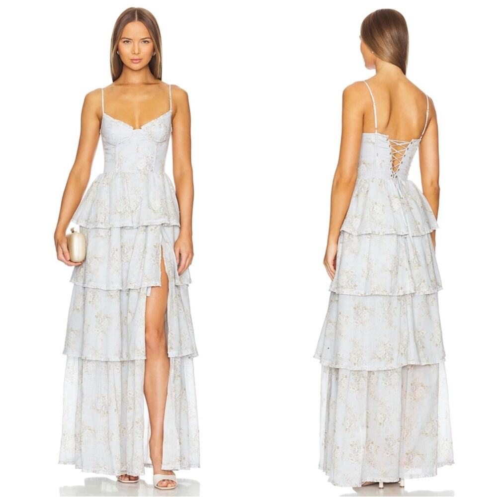 V. CHAPMAN Caterina Floral Tiered Maxi Gown in Victorian Blue Roses Size 10